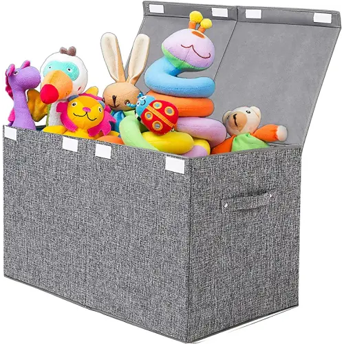 popoly Large Toy Box Chest with Lid, Collapsible Sturdy Toy Storage Organizer Boxes Bins Baskets for Kids, Boys, Girls, Nursery, Playroom, 25"x13" x16" (Linen Gray)