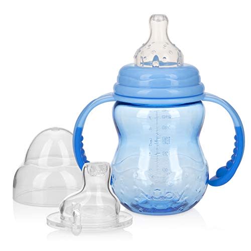 Nuby 3 in 1 Baby Bottle to Training Sippy Cup - 8 Oz Toddler Cups Spill Proof with Soft Spout, Nipple & Removeable Grip Handles - BPA Free & Dishwasher Safe (Blue)