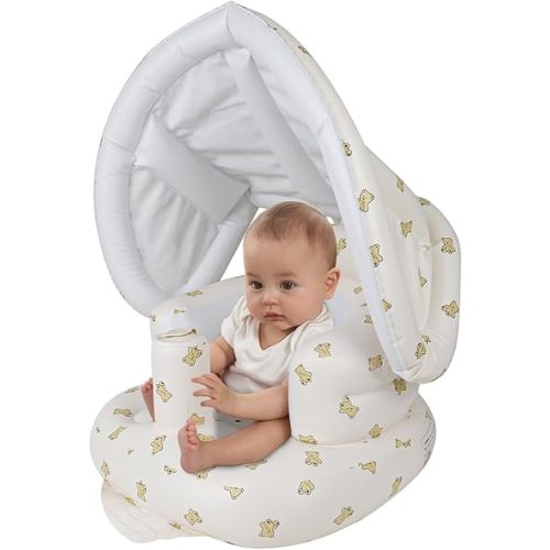 Zenflux Inflatable Baby Seat with Detachable Canopy, Sit Me Up Floor Seat for Baby 3 Months and Up, Inflatable Baby Chair with Built in Air Pump, Blow Up Infant Seat for Learning to Sit - Bear