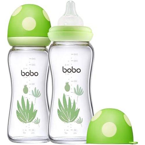 YOHKOH Natural Glass Baby Bottle with Natural Response Nipple, Newborn Anti-Colic Baby Bottles, Wide Neck Mushroom Cap Baby Bottle, Clear (Green, (8.8oz (Pack of 2))