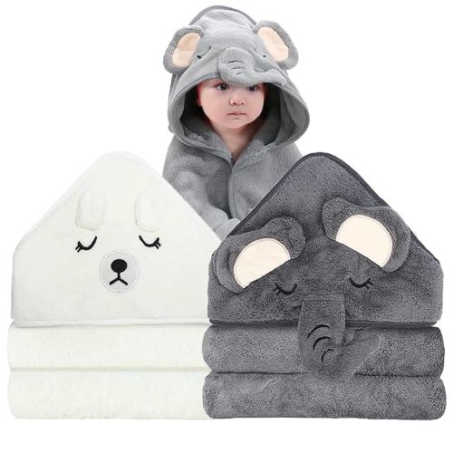 2 Pack Hooded Baby Towels - Premium Ultra Soft Organic Baby Bath Towel – Absorbent and Hypoallergenic Towels for Baby Boy Girl, Toddler, Newborn Essentials (Elephant & Bear)