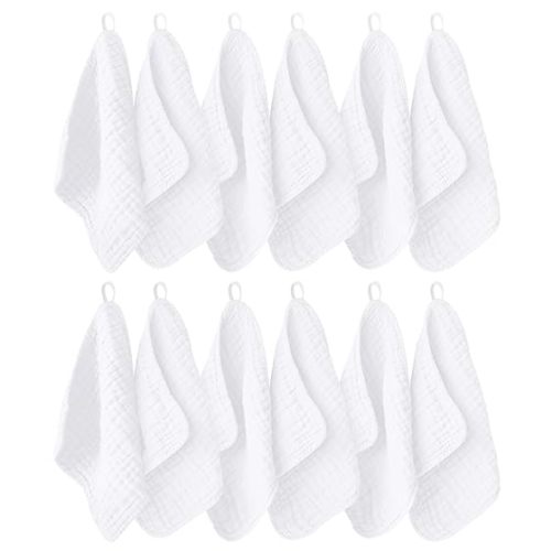 Ease Cubs 12 Pack Muslin Washcloths for Baby - 100% Cotton Baby Wash Cloths for or Baby Face Body Comfy and Soft for Newborn Infants Kids Girls and Boys - 12"x12" - White