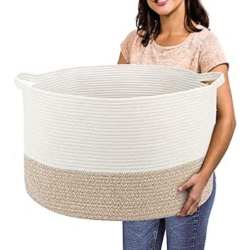 Extra Large Cotton Rope Basket 22" x 14" - Toy Basket for Kids -Blanket Basket for Living Room - Woven Baskets for Storage - White + Beige