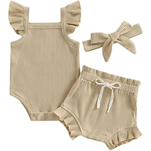 3pcs Toddler Girls Summer Outfits Ribbed Halter Crop Top Romper Bodysuit +Floral Bloomer Shorts+Headband Clothes Set
