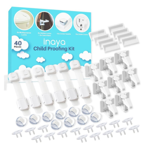 Inaya Complete Baby Proofing Kit - Child Safety Hidden Locks for Cabinets & Drawers, Adjustable Safety Latches, Corner Guards and Outlet Covers - Baby Proof Pack to Keep Your Child Safe at Home
