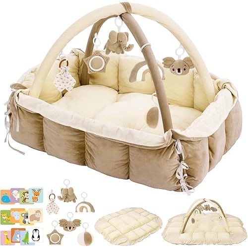 Lanabuna 5-in-1 Baby Play Gym and Tummy Time Mat, 12 Learning Cards, Plush Activity Mat with 6 Toys, Baby Gym, Convertible to Ball Pit, Baby Gift, Cream