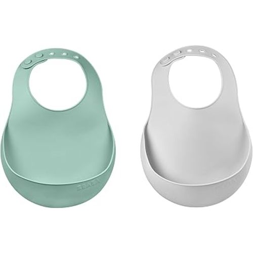 BEABA Silicone Baby Bib, Baby Bibs with Baby Food Catcher, Baby Boy Bibs Baby Girl Bibs, Baby Essentials for Feeding, 2 Pack