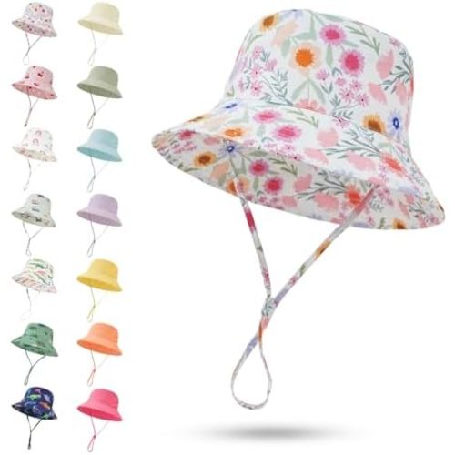 Baby Sun Hat 0-6 Years Toddler Boys Girls Adjustable Bucket Hats Kids Bucket Hats UPF 50+ Wide Brim Beach Swim Pool
