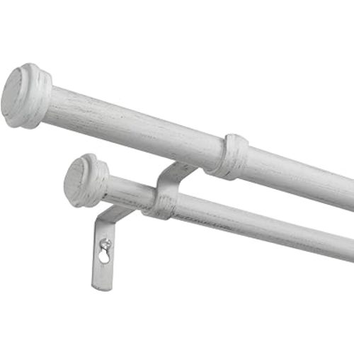 EXCLUSIVE HOME Topper Double Curtain Rod and Finial Set, Distressed White, 66"-120"