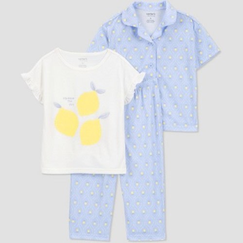 Carter's Just One You®️ Toddler Girls' 3pc Lemons and Bees Pajama Set - White/Blue 18M: Collared, Elastic Waistband