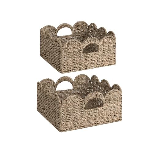 StorageWorks Scalloped Wicker Basket, Hand-woven Rattan Baskets with Built-in Handles, Seagrass Basket for Organizing and Decor, 2 Pack