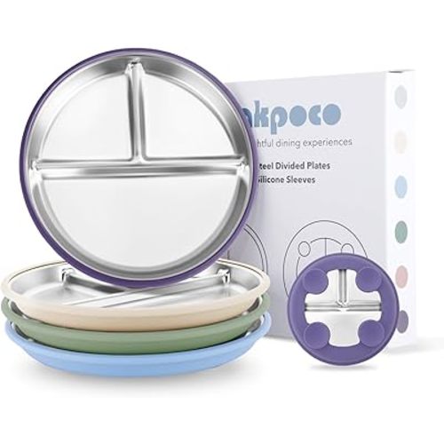 Stainless Steel Suction Plates for Toddlers, 9" Divided Kids Baby Plates with Removable Silicone Suction, Non Toxic Non Slip Portion Control Snack Dishes 4 Packs, Blue Green Purple Beige