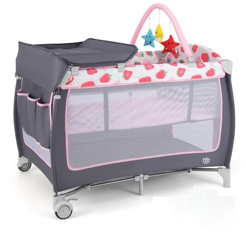 BABY JOY 4 in 1 Pack and Play, Portable Baby Playard with Bassinet, Side Zipper Door, Changing Table, Indoor Outdoor Travel Nursery Center w/Toy Bar, Lockable Wheels, Carry Bag