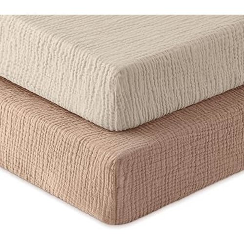 Muslin Crib Sheets for Boys Girls, 100% Cotton Fitted Crib Sheet 2 Pack for Standard Crib and Toddler Mattress, Breathable Soft Baby Sheet 28x52x8in Beige & Brown
