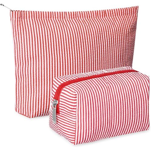 2 Pcs Makeup Bag Set Cute Cosmetic Pouch for Women Seersucker Travel Toiletry Bag Preppy Small Makeup Purse Pouch Aesthetic Skincare Brushes Storage Organizer for Valentine Women(Red)