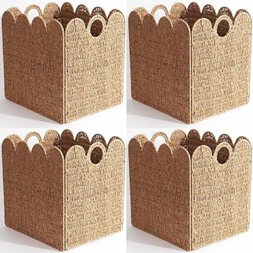 Scalloped Wicker Storage Cubes Basket, 12”x12“ Heavy Duty Paper rope/Hyacinth/Seagrass Baskets for Shelves, Foldable Natural Boho Square Bins (Paper Rope, 12 x 12 x 12in, 4-Pack)