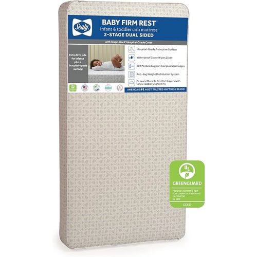 Sealy Baby Firm Rest Antibacterial 2-Stage Dual Firmness Waterproof Baby Crib Mattress & Toddler Bed Mattress, 204 Premium Coils, Medical-Grade Surface, Hypoallergenic, Made in USA, 52"X28"