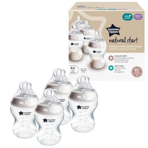 Tommee Tippee Natural Start Anti-Colic 9 oz BPA Free Baby Bottles, 0+ Months, Slow Flow Breast-Like Nipple, Self Sterilizing, Designed for Seamless Transition Between Bottle & Breast, Clear, Pack of 4