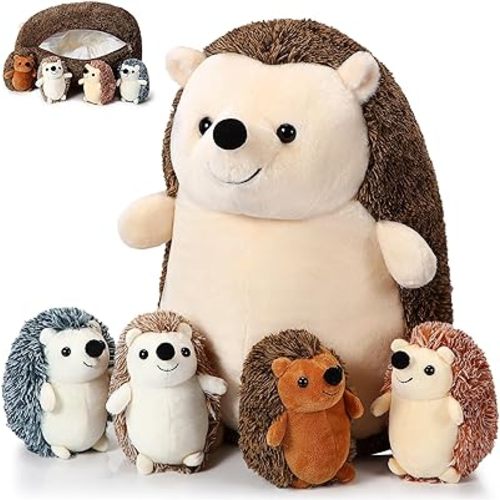 Hiboom 5 Pcs Hedgehog Stuffed Animal, 14 Inch Large Mommy Hedgehog Stuffed Plush Toys with 4 Plush Baby Hedgehogs Soft Cuddly Plushie Toy Set for Boys Girls Birthday Gifts Party Favors(Standing)