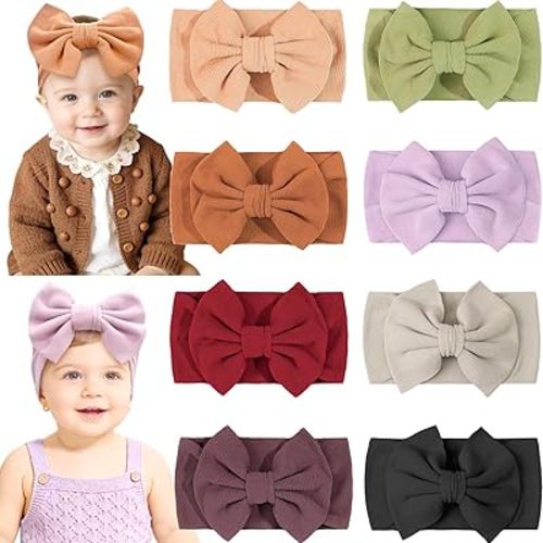 CÉLLOT 8 Colors Super Stretchy Soft Knot Baby Girl Headbands with Hair Bows Nylon Head Wrap For Newborn Baby Girls Infants Toddlers Kids(Fall and Winter)