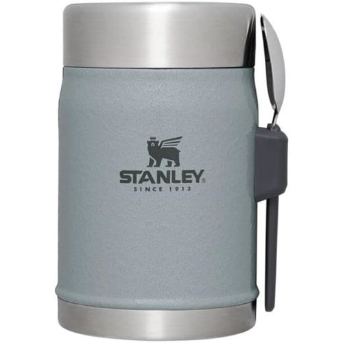 Stanley Classic Food Jar and Spork 14 oz | Vacuum Insulated Thermos Food Container | Wide Mouth Screw On Lid | Packable for Travel | Stainless Steel with Leakproof Lid | BPA-Free | Hammertone Silver