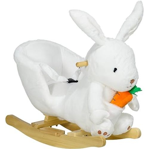 Qaba Baby Rocking Horse, Riding Horse, Bunny Rabbit Themed Rocker with Carrot Toy, Realistic Sound, & Pedals for Boy Girl Aged 18-36 Months, White
