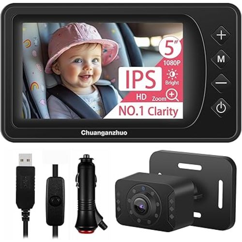 Baby Car Camera USB with No.1 Clarity, 5'' HD 1080P IPS Baby Car Monitor with 3X Zoom, Backseat/Carseat/Rear Seat Camera with Ultra Night Vision, Easy No-Damage Install, S100P(5inch Black)