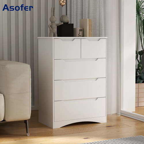 Dresser for Bedroom, Asofer 5 Drawer Chest with Cutout Handle, Sturdy Wood Storage Cabinet, White
