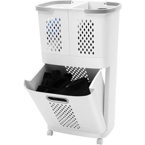 3 Tier Laundry Hamper Basket Sorter, Floor-Standing 360° Rolling Large Laundry Basket, Stackable Storage Bins Open Front, Dirty Clothes Hamper, Plastic Laundry Room Organization