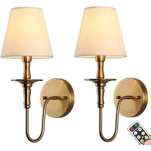 KEFA Wireless Battery Operated Wall Sconces Set of 2,No Wiring Rechargeable Wall Lights with Remote,Antique Brass Vintage Fabric Shade Wall Lamp Fixtures for Living Room Bedroom Hallway Farmhouse TV