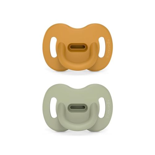 Color Essence SX PRO Silicone Baby Pacifier 2Pk, Made with 100% Soft Silicone, Baby Essentials Perfect for Breastfeeding Babies, Designed in Spain, 6-18 Mths, Mustard/Green
