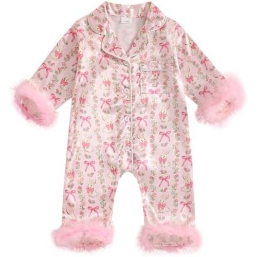 woshilaocai Baby Girl Button Down Romper Bow Strawberry Fuzzy Cuff Long Sleeve Jumpsuit Spring Summer Clothes