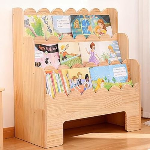 Wooden Kids Bookshelf 3-Tier, Front Facing Toddler Montessori Bookshelf，Scalloped Book Shelf for Kids Rooms, Baby Nursery Book Shelves Classroom Bookcase