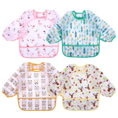Accmor 4 Pack Long Sleeve Bibs, Baby Smock Waterproof Sleeved Bib Smock for Baby Toddler 6-36 Months