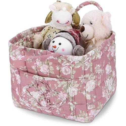 Storage Basket Boho Fabric Large Collapsible Floral Laundry Nursery Hamper Portable Folding Storage for Clothes Toys (Pink)