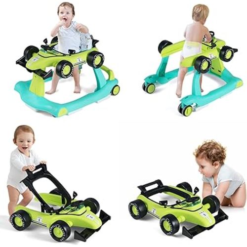 HONEY JOY 4-in-1 Baby Walker, Activity Push Walker w/3 Adjustable Heights, Smooth Wheels w/Adjustable Speed, Padded Seat, Music & Light, Foldable Car Walker for Baby Boys Girls Age 6 Months+ (Green)