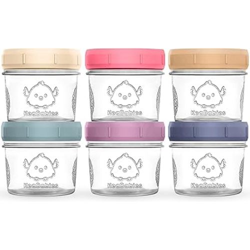 KeaBabies 6pk 4oz Glass Baby Food Containers with Lids - Leak-Proof, Microwavable Small Glass Jars, Baby Purees & Toddler Snack Storage Containers, BPA-Free, Dishwasher & Freezer Safe (Sunset)