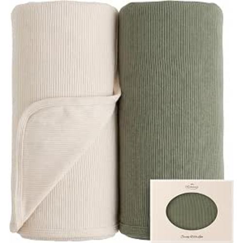 Konssy Ribbed Knit Baby Blankets 2 Pack, Stretchy Lightweight Swaddle Blanket for Boys & Girls, Soft Cozy Receiving Wrap for Newborns, Infants, & Toddlers, 33x42 Inch