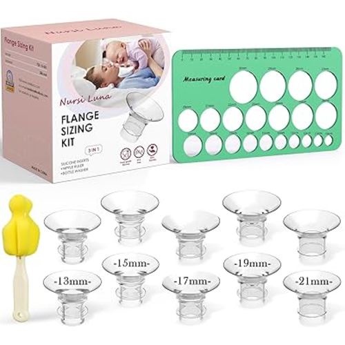 Flange Sizing Kit with 10PCS Flange Inserts 13/15/17/19/21mm, Nipple Measurement Tool Ruler, Cleaning Brush, Silicone Flange Insert Kit for 24mm Most Pumps, Pumping Breastfeeding Essentials