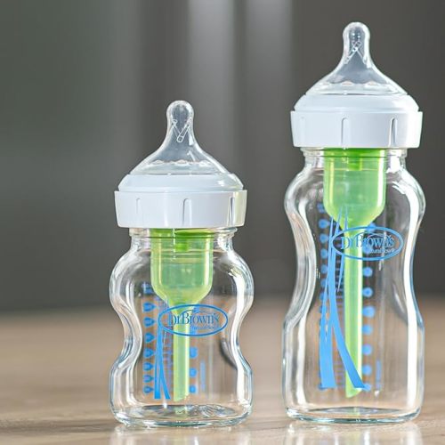 Dr. Brown's Natural Flow Anti-Colic Options+ Wide-Neck Glass Baby Bottles 5 oz/150 mL, with Level 1 Slow Flow Nipple, 3 Pack, 0m+