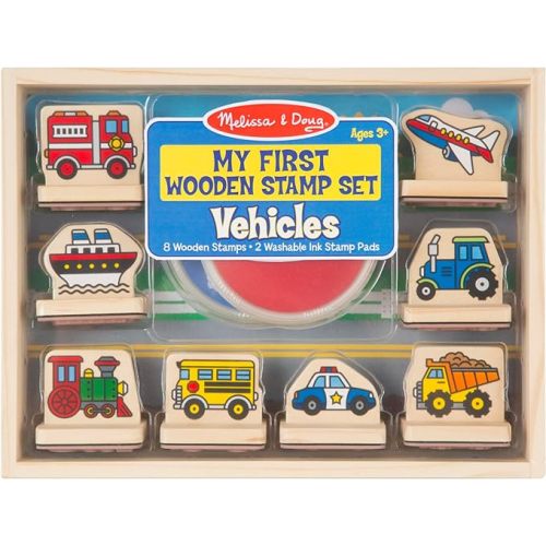 Melissa & Doug My First Wooden Stamp Set - Vehicles - Kids Art Projects, Stamps With Washable Ink, Vehicle Toys For Kids Ages 4+
