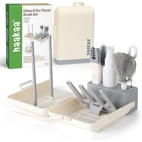 haakaa Travel Bottle Brush Set – 7-in-1 Baby Bottle Cleaner Kit with Bottle Brush, 360° Brush, Straw Brush, U-Shaped Brush, Spray Bottle&Drying Rack for Home and Travel