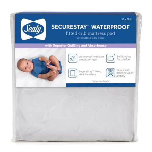 Sealy SecureStay Waterproof Crib Mattress Pads, Easy Clean Washable, Crib, White, 1.1 lb.