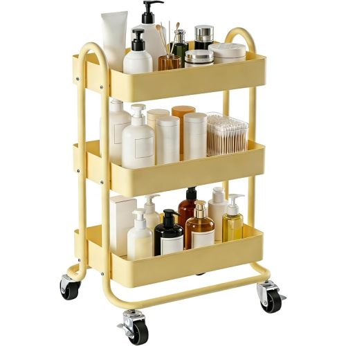 SIMHOMSTOR 3 Tier Metal Rolling Cart, Utility Storage Cart Shelf Organizer with Wheels for Home & Office, Light Yellow