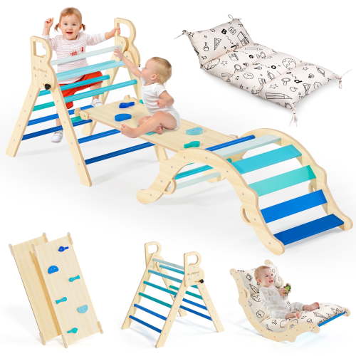 BlueWood 8-in-1 Foldable Wooden Climbing Pikler Triangle Set for Kids - Montessori Indoor Jungle Gym Set - Slide, Arch, Ladder & Cushion - Ages 1-6