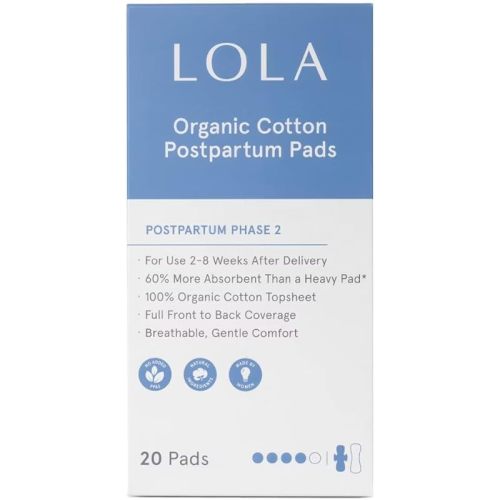 LOLA 100% Organic Cotton Postpartum Pads - 20 Count, Ultra Absorbent and Extra Long Pads, Overnight and Full Coverage, Adult Incontinence Pad for Women, Postpartum Essentials Phase 2