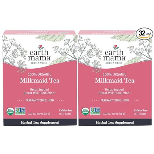Earth Mama Organic Milkmaid® Tea | Lactation Support Herbal Tea Bags for Breastfeeding, Decaf Lactation Supplement for Increased Breast Milk Production, With Milk Thistle & Fenugreek (16 Count, 2-Pack) - 16 Count (Pack of 2)