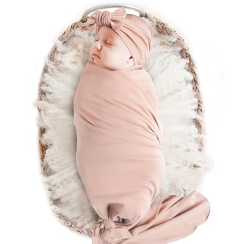 Konssy Baby Girl Newborn Receiving Blanket with Headband Set Baby Swaddle Nursery Swaddle Wrap(Millenial Pink)