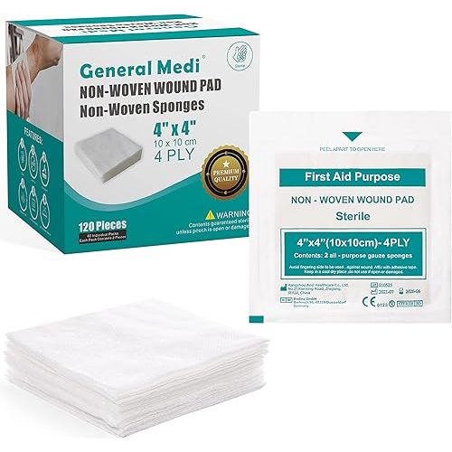 General Medi Sterile Gauze Sponges, 4" x 4" Non-Woven Wound Pads - Individually Wrapped Highly Absorbent Sponges Pads for Cushioning Minor Wounds, Cuts & Burns Wound Care (60 Packs, 120 Pieces Total)