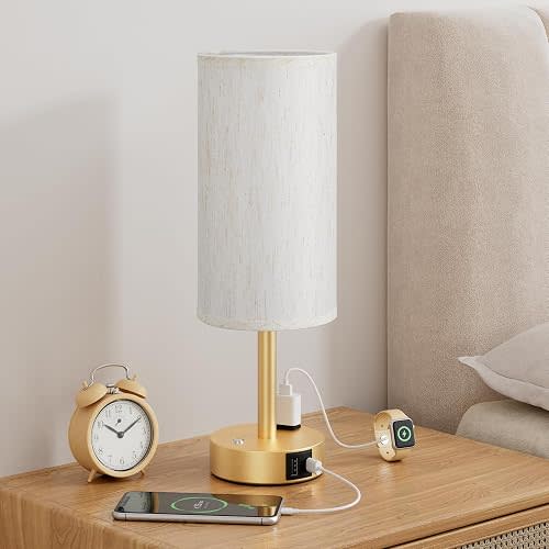 Touch Bedside Table Lamp with Memory - Stepless Dimmable Lamp for Bedroom, Small Nightstand Lamp with Dual USB Charging Ports and AC Outlet, Wood Night Light, Desk Lamp for Nursery (Cream & Gold)